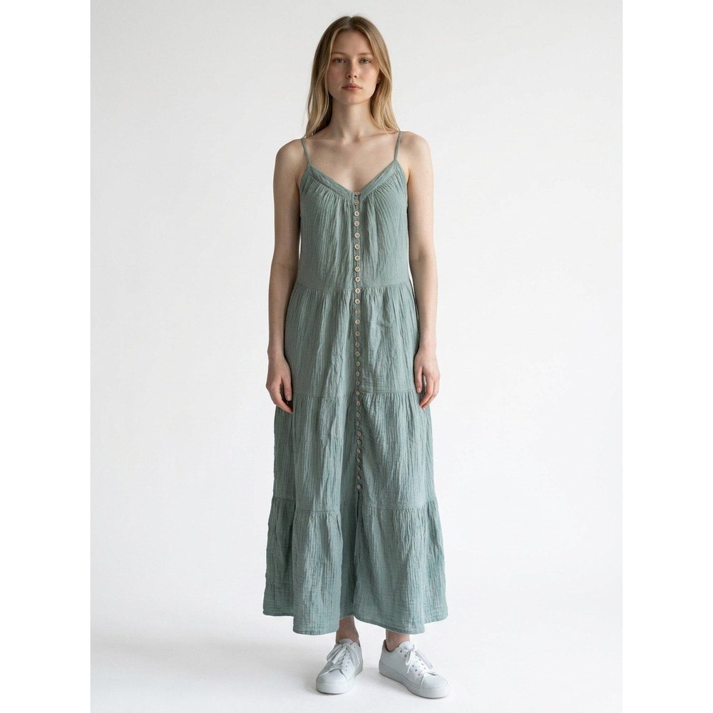 Rylee + Cru Womens Sage Green Double Gauze Cotton Tiered Button Front Maxi Dress